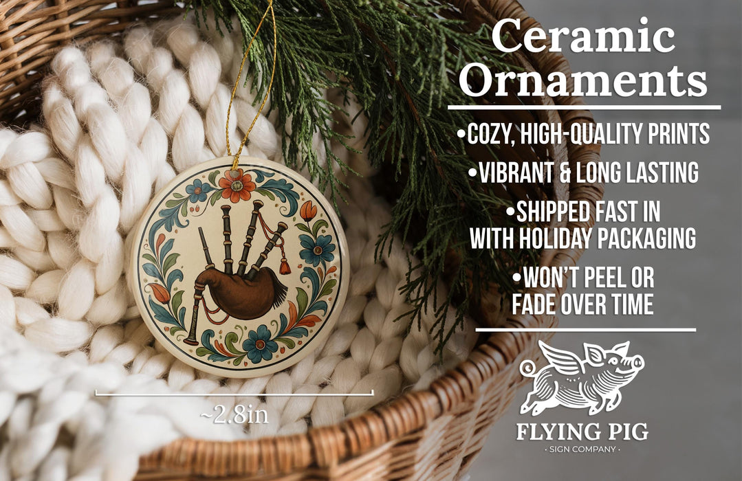 a ceramic ornament hanging from a wicker basket, with a text overlay providing information about the ornament.