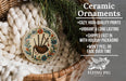 a ceramic ornament hanging from a wicker basket, with a text overlay providing information about the ornament.