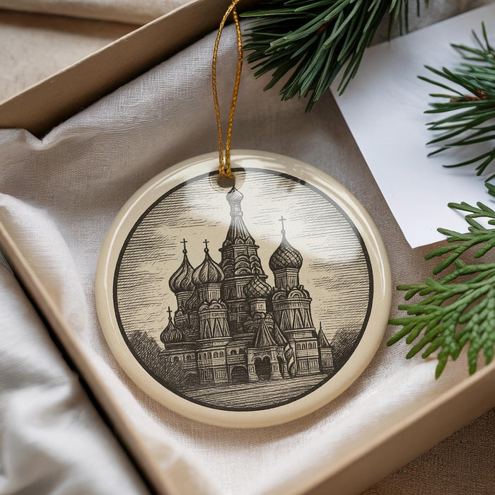A decorative ornament featuring a detailed illustration of a cathedral or church, with multiple domes and spires, is displayed in a box alongside some greenery.