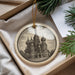 A decorative ornament featuring a detailed illustration of a cathedral or church, with multiple domes and spires, is displayed in a box alongside some greenery.