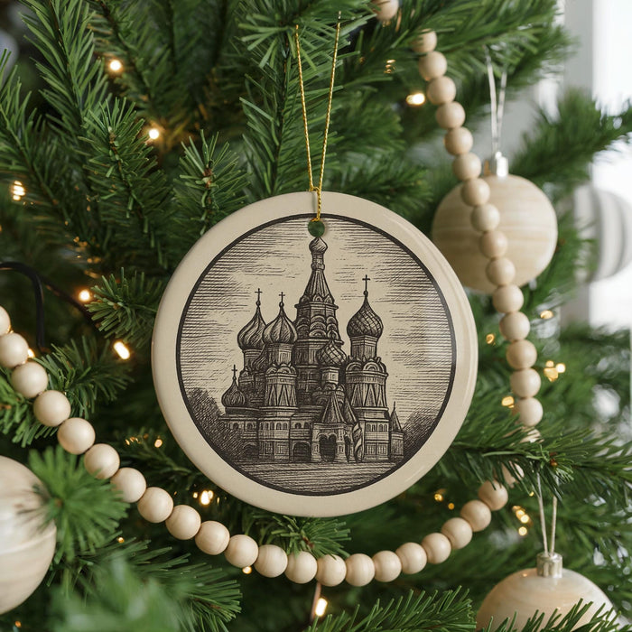 A Christmas tree decorated with ornaments, including a circular ornament featuring a drawing of St. Basil's Cathedral in Moscow, Russia.