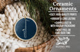 a ceramic ornament in a basket, with a text overlay providing information about the ornament.