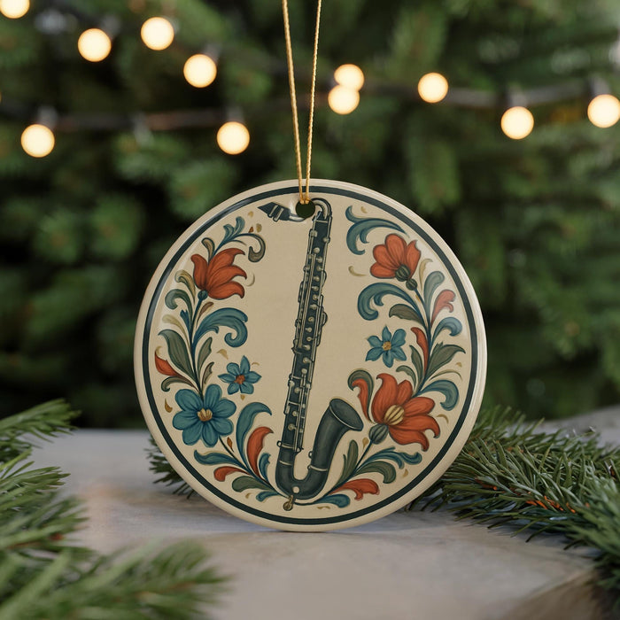 A decorative ornament featuring a saxophone surrounded by flowers and leaves, hanging from a string.