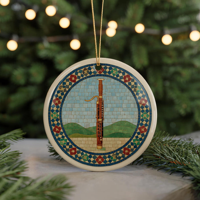 A decorative ornament featuring a musical instrument, possibly a clarinet, is displayed on a table with a blurred background of a Christmas tree and lights.