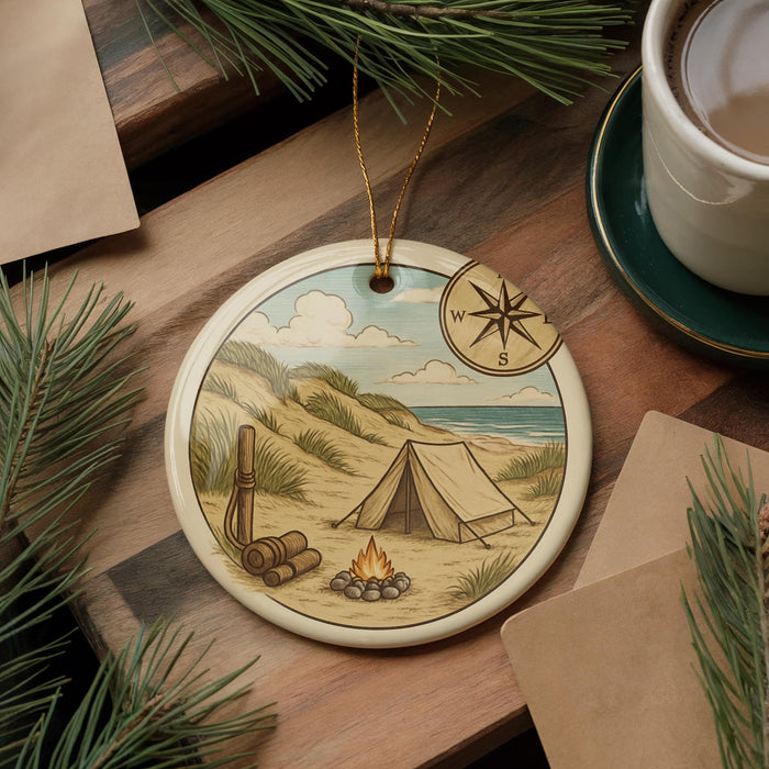 A round ornament depicting a camping scene with a tent, campfire, and pine trees, along with a compass rose, is displayed on a wooden surface.