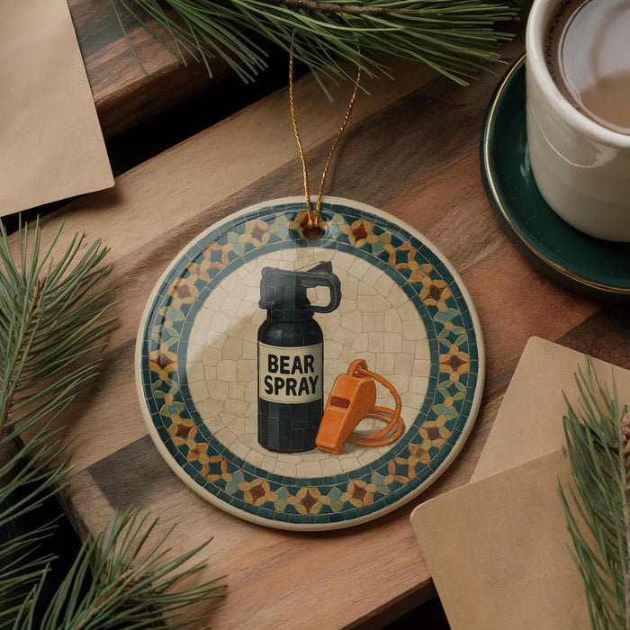 A ceramic ornament with a bear spray bottle and whistle on a wooden surface, surrounded by pine branches and a cup of coffee.