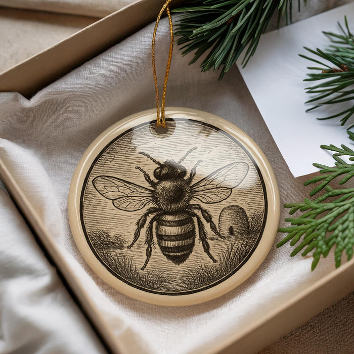 A decorative ornament featuring a bee is displayed in a box, surrounded by pine branches and greenery.