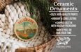 a ceramic ornament hanging from a wicker basket, with a description of the ornament and its features.