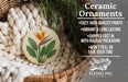 Ceramic ornaments, featuring a ceramic ornament with a tropical plant design, are displayed in a woven basket.