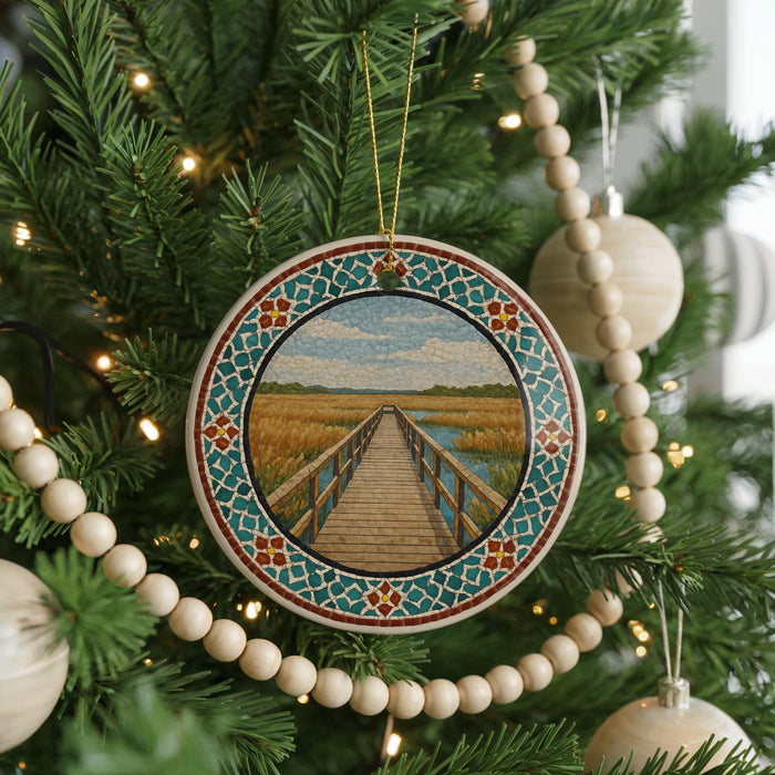 A Christmas tree decorated with ornaments, including a circular ornament featuring a wooden bridge and a field.