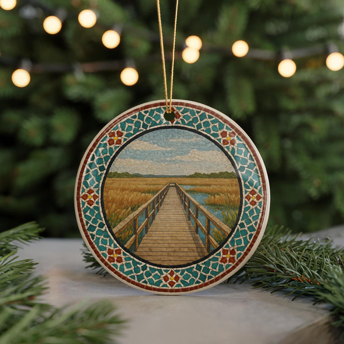 A round ornament featuring a wooden bridge over a river, surrounded by a colorful border and set against a blurred background of greenery and twinkling lights.