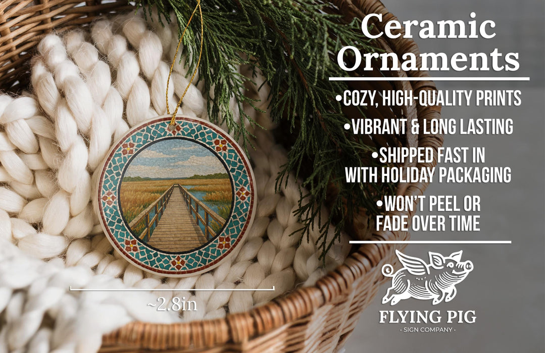 Ceramic ornaments, featuring a wooden bridge and a field, are displayed in a woven basket.