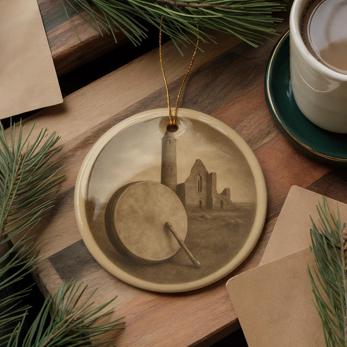 a round ornament with a picture of a castle on it, placed on a wooden surface next to a cup of coffee and some pine branches.