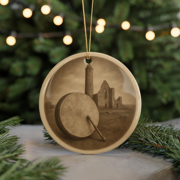 A circular ornament featuring a drum and a castle in the background, set against a blurred Christmas tree with twinkling lights.