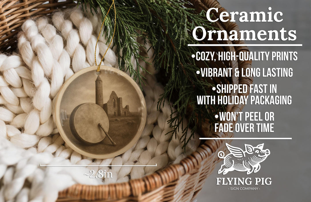 Ceramic ornaments, a wicker basket, and a pine branch are featured in the image.