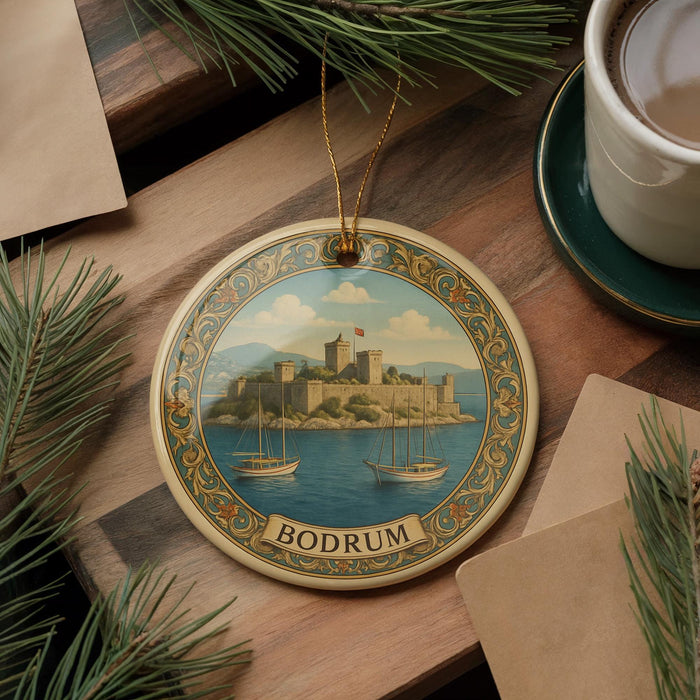 A decorative ornament featuring a castle and boats, with the word "BODrum" written on it, is displayed on a wooden surface alongside a cup of coffee and some pine branches.