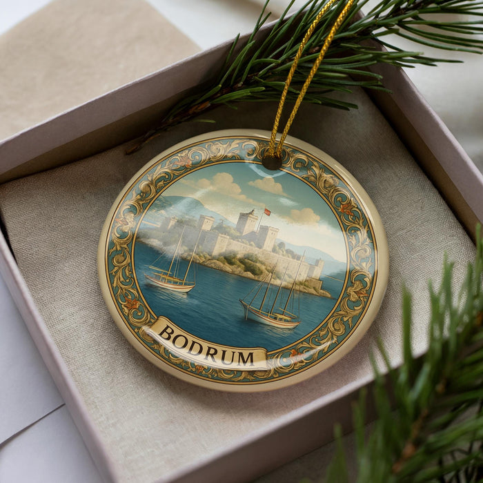 A decorative ornament in a box, featuring a painting of Bodrum, a city in Turkey.