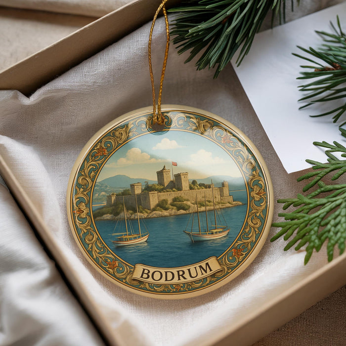 A decorative ornament featuring a castle and boats, with the word "BODRUM" written on it, is displayed in a box with pine branches.