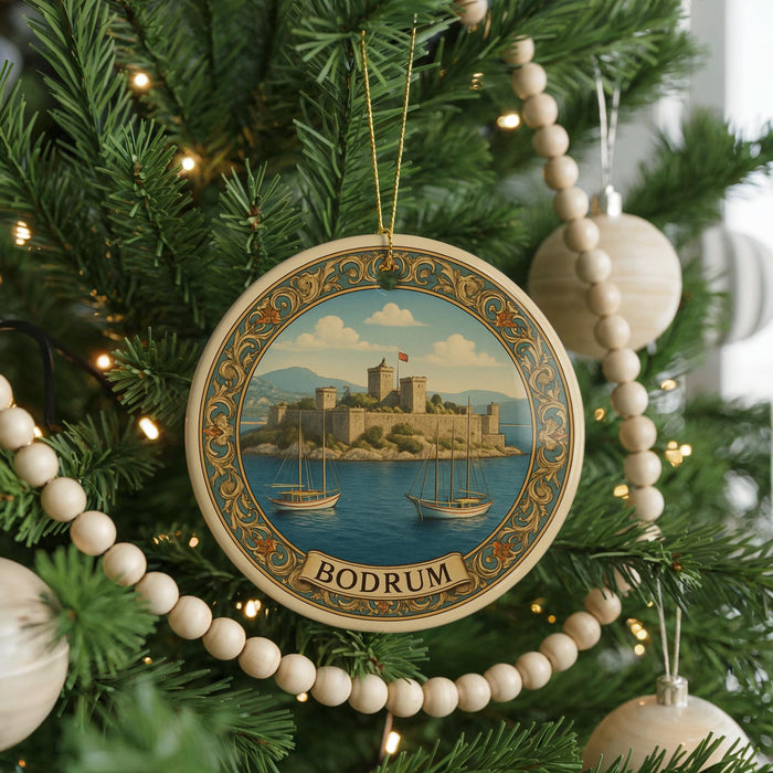 A circular ornament on a Christmas tree, featuring a castle and boats in the background.