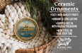 Ceramic ornaments, specifically a BODrum ornament, are displayed in a basket with pine branches. The ornament features a castle and boats, and it is described as a cozy, high-quality print, vibrant, and long-lasting. It is also shipped fast in holiday packaging and won't peel or fade over time. The image is a collage of various images, and it is not a single image but a collection of images.