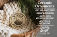 Ceramic ornaments, specifically Bogota Colombia ornaments, are displayed in a woven basket. The text highlights the ornaments as cozy, high-quality prints with vibrant and long-lasting vibrancy, and they are shipped fast in holiday packaging, preventing peeling or fading over time. The image also features a logo for the Flying Pig sign company.