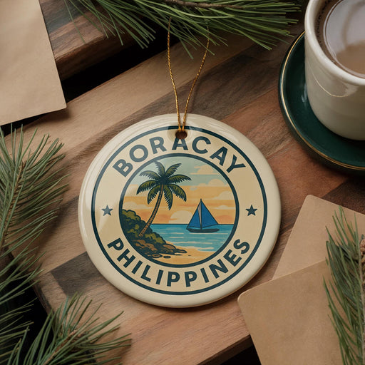 A round ornament with the text "BORACAY PHILIPPINES" and a palm tree illustration, placed on a wooden surface next to a cup of coffee and some pine branches.