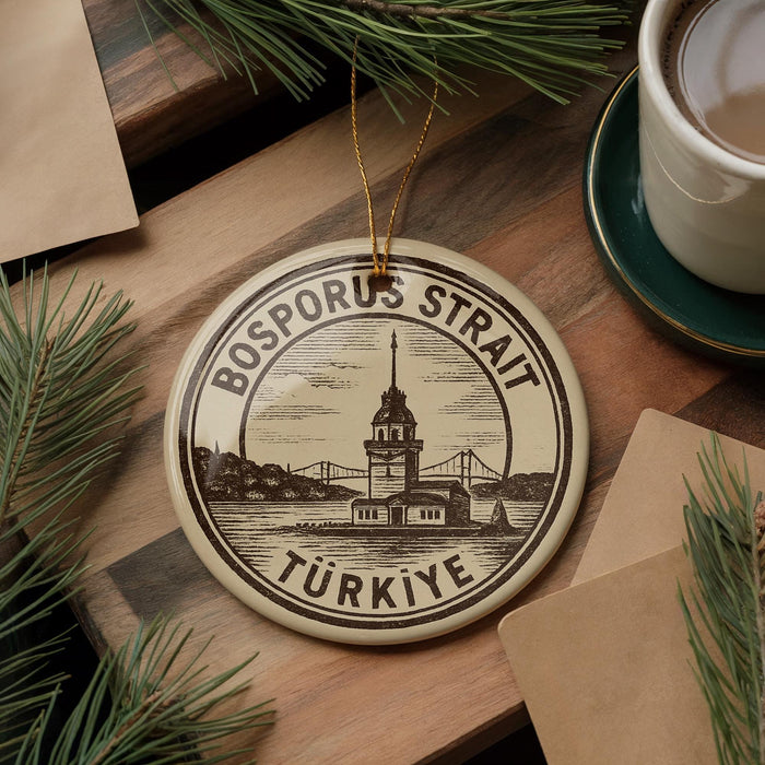 A circular ornament with the text "BOSPORUS Straat" and "TURKIYE" is displayed on a wooden surface, surrounded by pine branches and a cup of coffee.