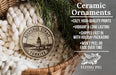 Ceramic ornaments, featuring a round ornament with a lighthouse and the text "Bosporus Strait Turkey" on it, are displayed in a basket with greenery.