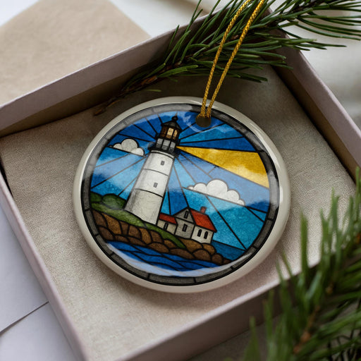 A decorative ornament in a box, featuring a lighthouse and a coastal scene.