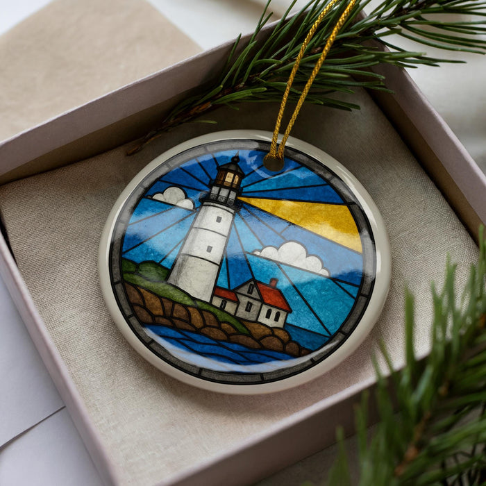 A decorative ornament in a box, featuring a lighthouse and a coastal scene.