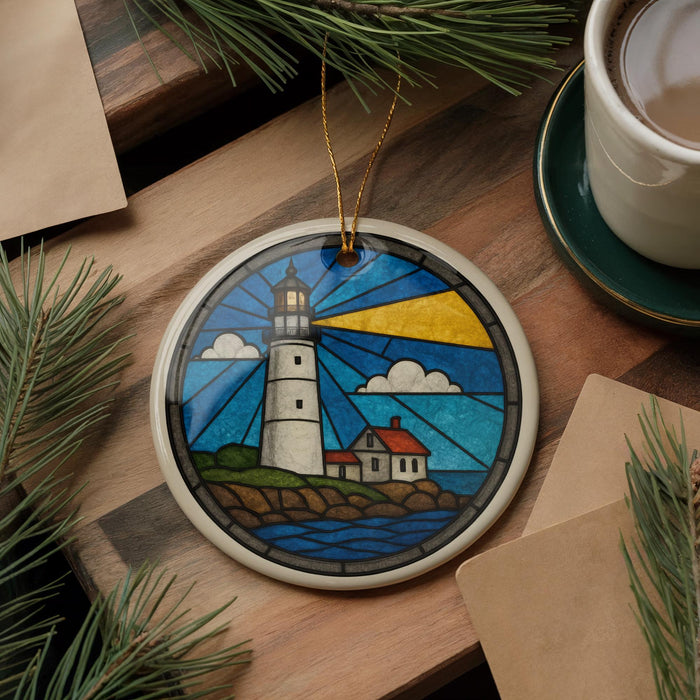 A stained glass ornament depicting a lighthouse is displayed on a wooden surface, surrounded by pine branches and a cup of coffee.
