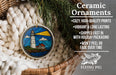 Ceramic ornaments, featuring a lighthouse design, are displayed in a basket with greenery.