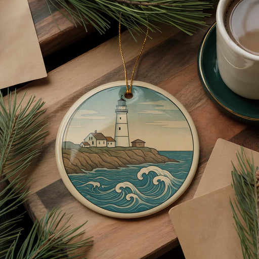 A round ornament featuring a lighthouse on a cliff overlooking the ocean, surrounded by pine branches and a cup of coffee on a wooden surface.