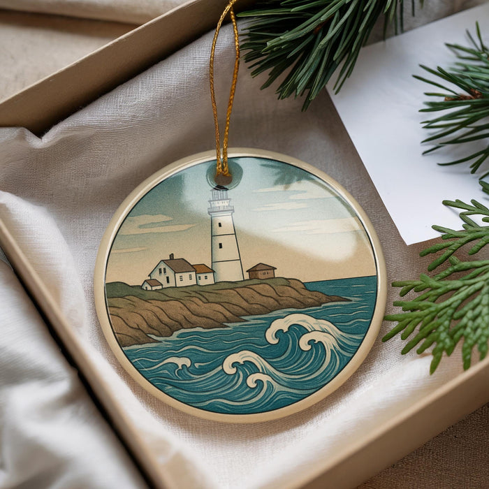 A decorative ornament featuring a lighthouse on a cliff overlooking the ocean, surrounded by pine branches.