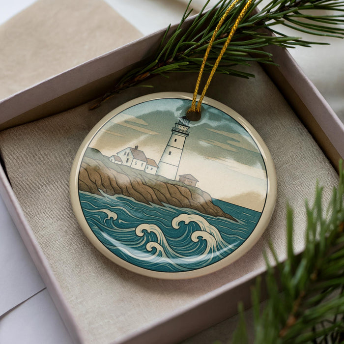 A round ornament with a lighthouse on a cliff, surrounded by waves, is displayed in a box with pine branches.