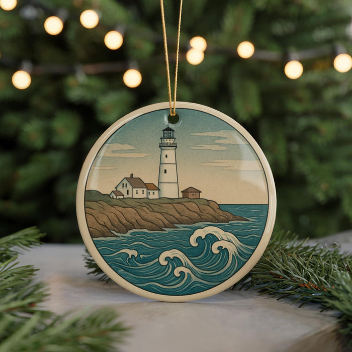 A round ornament featuring a lighthouse on a cliff overlooking the ocean, with waves crashing against the shore.