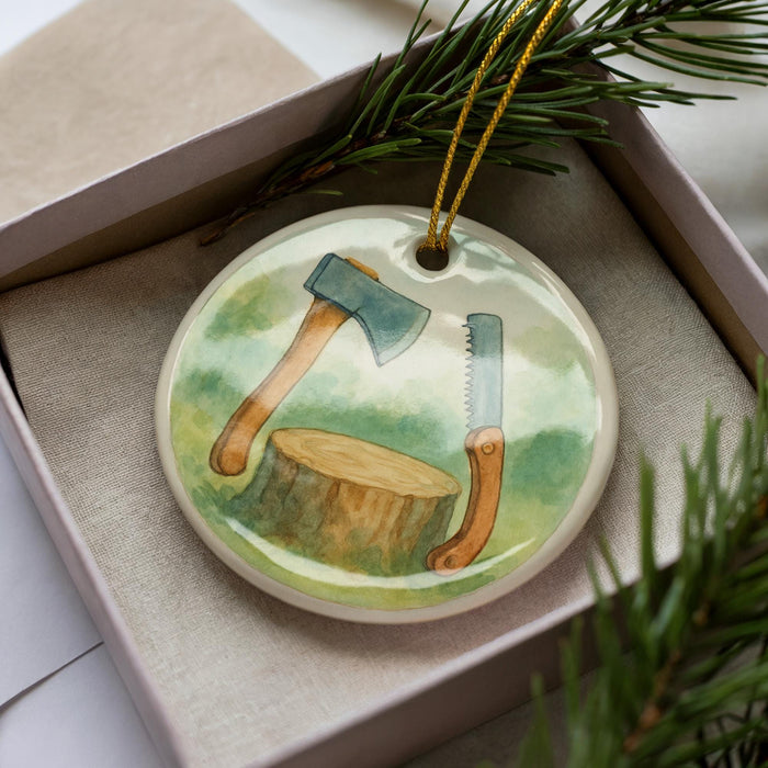 A ceramic ornament in a box, featuring a tree stump and a pair of tools, such as a saw and a hammer, against a green background.