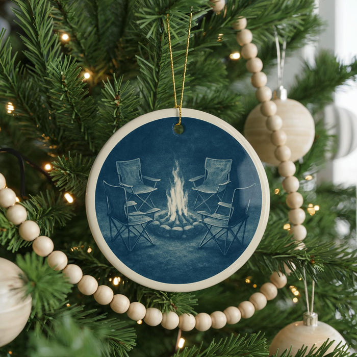 A Christmas tree decorated with ornaments, including a circular ornament featuring a bonfire with chairs around it.