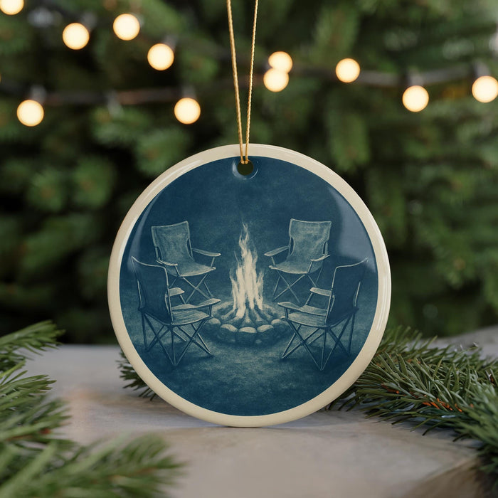 A round ornament featuring a campfire with two camping chairs in front of it, surrounded by pine branches and twinkling lights.
