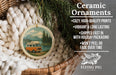 Ceramic ornaments, featuring a vintage-style van on a road with mountains in the background, are displayed in a woven basket.
