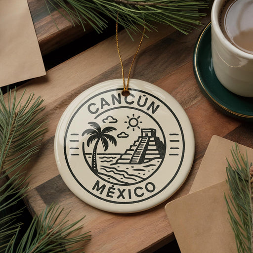A ceramic ornament with the text "CANCUN MEXICO" and a palm tree design, placed on a wooden surface next to a cup of coffee and some pine branches.