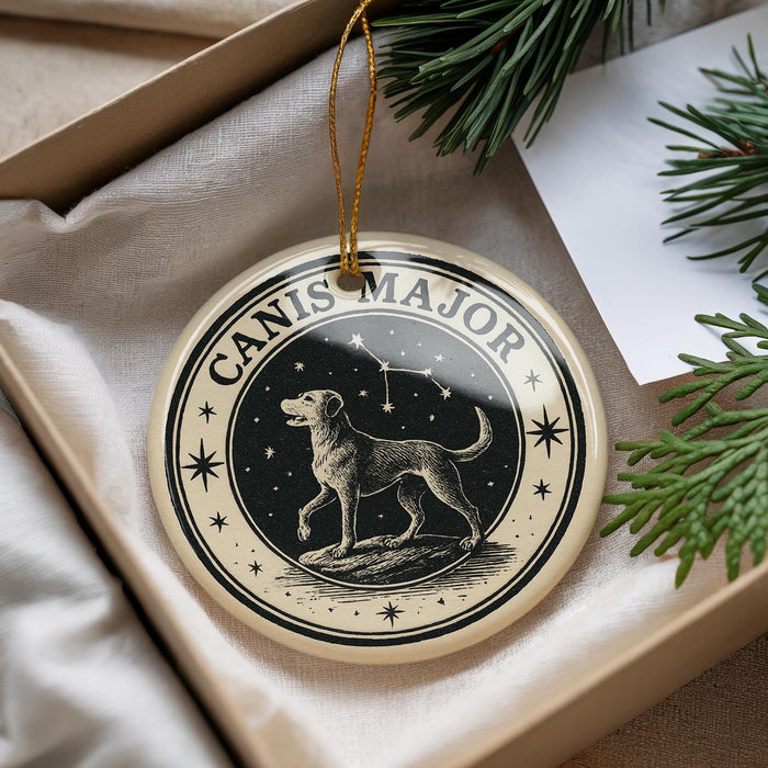 A circular ornament with a dog and stars on it, hanging from a string.