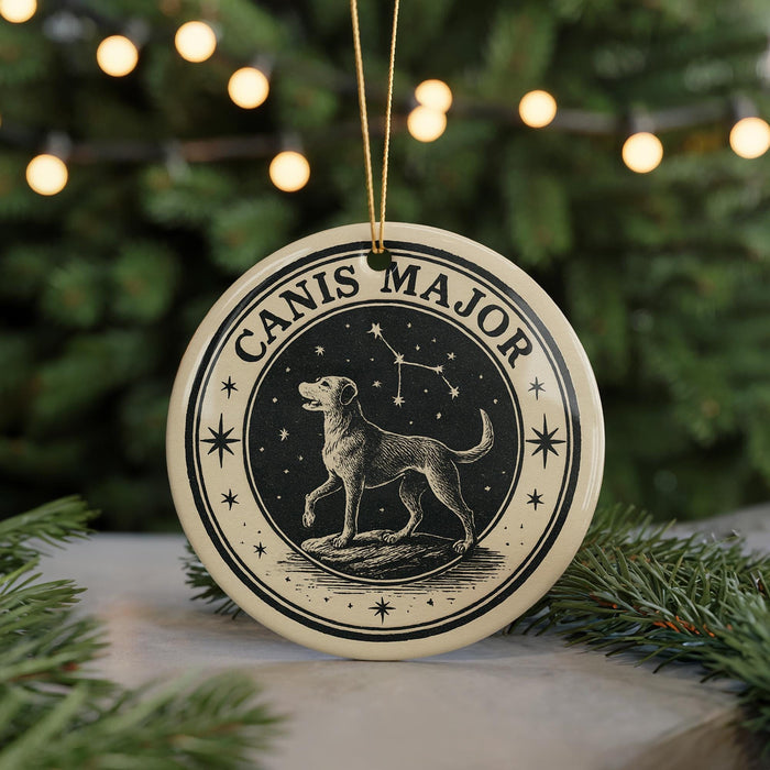 A circular ornament with a dog and stars, surrounded by a decorative border, is displayed in front of a Christmas tree with twinkling lights.