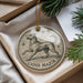A decorative ornament with a dog and stars, placed in a box with pine branches.