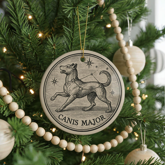 A Christmas tree decorated with ornaments, including a circular ornament with a dog and stars, and a string of wooden beads.