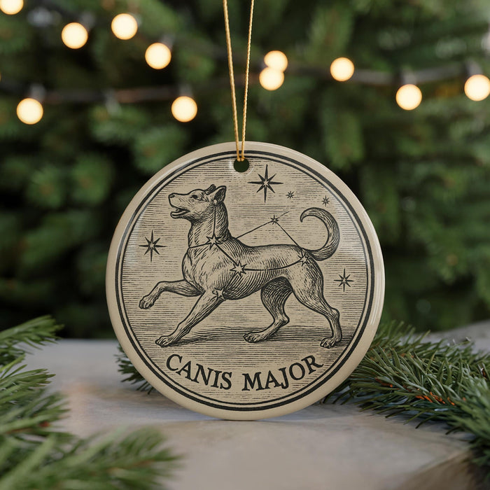 A circular ornament featuring a dog and stars, with the text "Canis Major" below it, is displayed on a table with pine branches in the background.