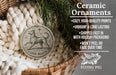 Ceramic ornaments, specifically a ceramic dog ornament, are displayed in a wicker basket. The image also includes text describing the ceramic ornaments, such as their quality, durability, and shipping speed.