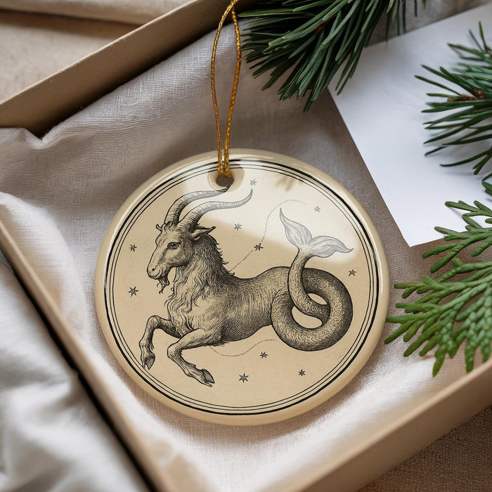 A decorative ornament featuring a stylized depiction of a goat or ram, with stars and a star-like design around it, is displayed in a box with pine branches.