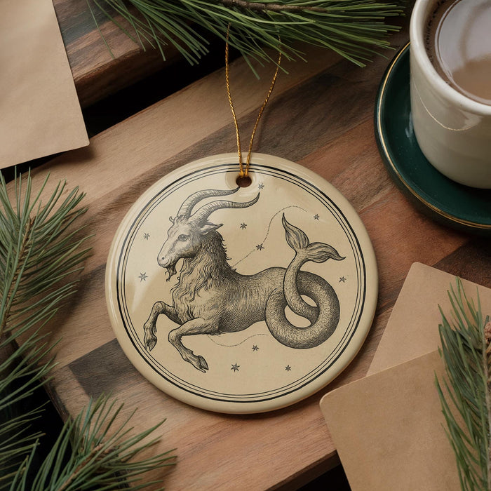 a decorative ornament with a goat and a mermaid design, placed on a wooden surface alongside a cup of coffee and some pine branches.