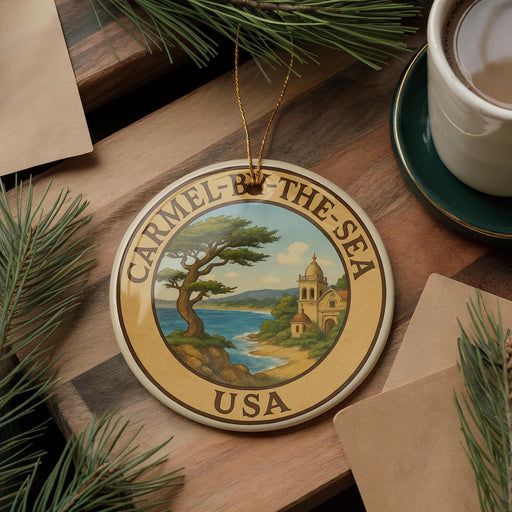A ceramic ornament with a tree and a castle in the background, surrounded by pine branches and a cup of coffee on a wooden surface.